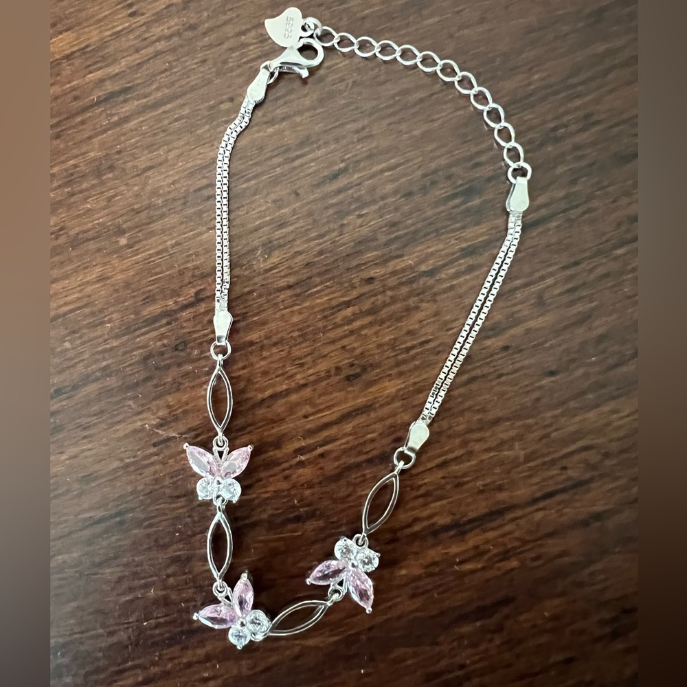 S925 Sterling Silver Pink& Crystal Butterfly Bracelet for Women